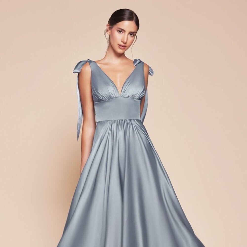 NEW FORMAL SLEEVELESS SATIN MIDI GOWN W/ TIE STRAPS & GATHERED WAISTLINE CD 7499